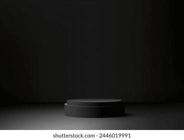 3D black podium mockup. Features a dark background for a high end, professional look. Ideal for product photography, marketing materials, and e-commerce visuals. Vector illustration