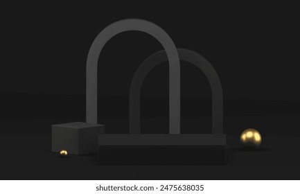 3d black podium pedestal with golden geometric shapes realistic vector illustration. Dark luxury elegant advertising showcase with arch wall background rendering display platform for product show
