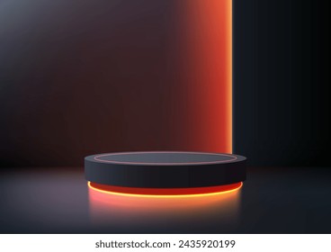 Podio negro 3D con una raya roja iluminada por una luz de neón naranja en un fondo de habitación oscuro, Exhibición de producto, presentación de maqueta. Ilustración de vector