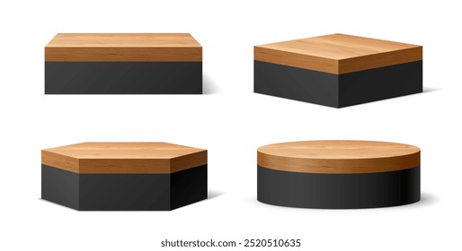 3d estágio de pódio preto com placa de piso de madeira para mostrar produtos ou apresentações. Cenas realistas, modernas e elegantes, em forma redonda, quadrada e hexagonal, para eventos promocionais comerciais