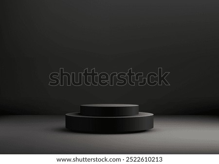 3D black podium with two levels and a dark background is perfect for showcasing products or awards in a dramatic setting. Ideal for mockups, showrooms, and professional product displays