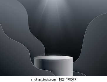 3d black podium vector background with spotlight light from above and wave shapes. Realistic dark backdrop with round pedestal. Copy space at the top.