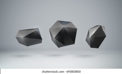3d formas poligonales negras. Carbón de grafito de piedra o roca. Elemento de poste bajo para el diseño. imitación de piedra o burbuja del habla. Ilustración del vector