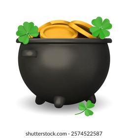 3D black pot full of gold coins. Leprechaun cauldron with four and three-leaf clover. Vector 3D realistic illustration for St. Patricks Day. Isolated on white background.