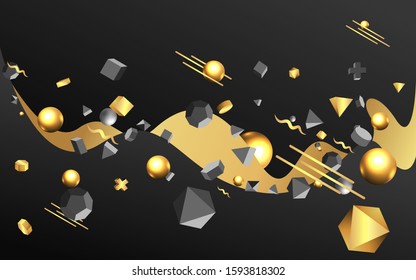 3D black primitives with golden metallic figures , realistic vector illustration. Elegant motion concept for web and print decoration, geometric luxury creative design 