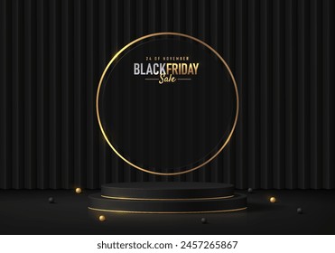 3D schwarzer Produkt Podium Hintergrund mit goldenen Ring Rahmen. Schwarzer Freitagsverkauf. Abstrakte Komposition in minimalem Design. Studio Showroom Produkt Sockel, Mode-Schaukasten Mockup-Szene. Kosmetischer Banner.