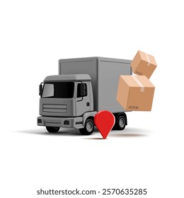 3D black realistic modern truck, cardboard box, location icon. For cargo, freight, business, retail, and goods design concepts. Vector illustration.