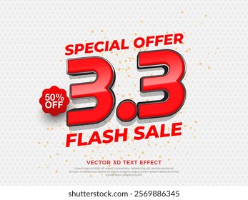 3D black and red editable text effect on abstract background, March 3.3 sale vector graphic style