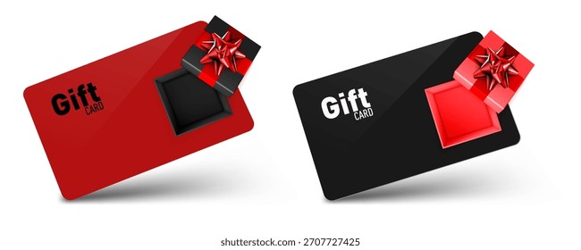 Tarjeta de regalo 3D Negro Y Rojo Con Un Conjunto De Caja De Regalo. Vector EPS10