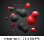 3d black and red liquid blobs set. Abstract colored spheres in flight. Vector realistic render of bubbles on an isolated black background. Illustration of lava lamp elements in y2k style.