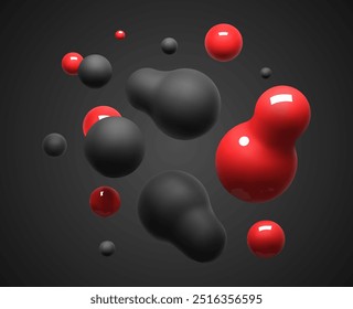 3D schwarze und rote Flüssig-Blobs Set. Abstrakte farbige Kugeln im Flug. Vektorrealistisches Rendering von Blasen auf isoliertem schwarzem Hintergrund. Illustration von Lava-Lampenelementen im y2k-Stil.