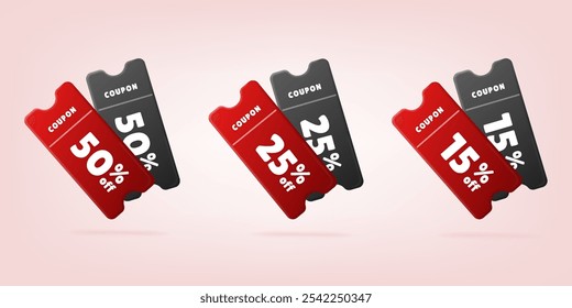 3D preto e cartão de voucher vermelho definido. Vetor cupom design, elementos isolados para venda Black Friday, preço especial oferece banner, cartaz de promoção, desconto compras on-line