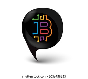 3D black reflective speech bubble with Bitcoin colourful logo in it