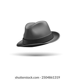 Sombrero retro negro 3D para los hombres, macho. Es un sombrero vintage realista para caballeros. Icono de maqueta para el diseño sobre fondo blanco. Vector