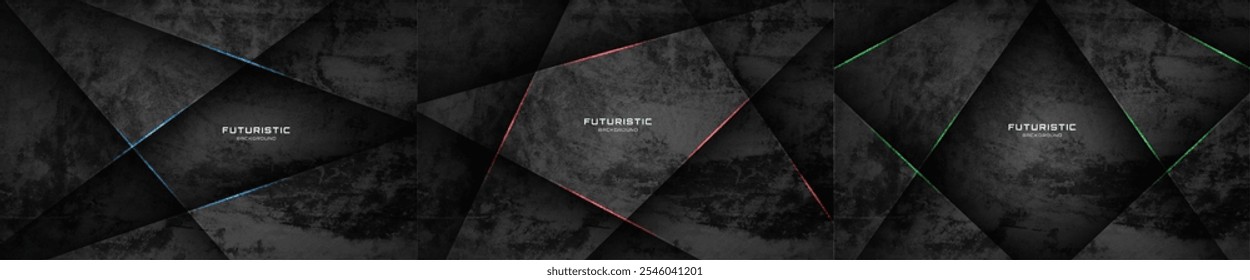 3D black rough grunge abstract background set. Overlap layer on dark space with lines effect decoration. Modern graphic design element cutout style concept for banner, flyer, card, or brochure cover