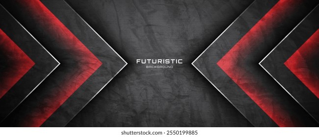 3D black rough grunge abstract background overlap layer on dark space with red light effect. Modern graphic design element arrows cutout style concept for web banner, flyer, card or brochure cover
