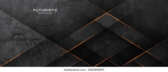 3D black rough grunge abstract background overlap layer on dark space with orange lines effect decoration. Modern graphic design element cutout style concept for banner, flyer, card or brochure cover