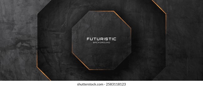 3D black rough grunge abstract background overlap layer on dark space with orange octagons decoration. Modern graphic design element cutout style concept for web banner, flyer, card, or brochure cover