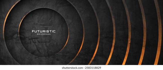 3D black rough grunge abstract background overlap layer on dark space with orange circles decoration. Modern graphic design element cutout style concept for web banner, flyer, card, or brochure cover