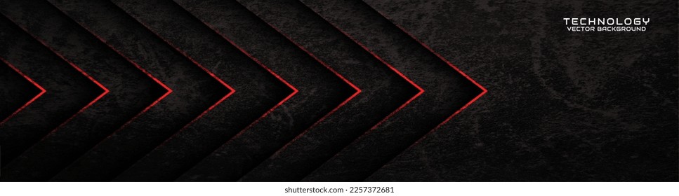 Capa de solapamiento de fondo abstracto de tecno de grunge negro 3D en el espacio oscuro con decoración de flecha roja. Diseño gráfico moderno concepto de corte de elementos para banner, volante, tarjeta o portada