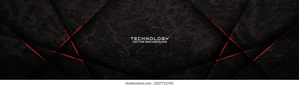 Capa de solapamiento de fondo abstracto de tecno de grunge negro 3D en el espacio oscuro con decoración de líneas rojas. Diseño gráfico moderno concepto de corte de elementos para banner, volante, tarjeta o portada