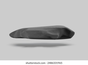 Podio de piedra rugosa 3D negro flotando en el aire, soporte de granito. Vector de mármol realista escaparate pedestal. Escena de plataforma de rock natural. Piedra de superficie brillante, empedrado volumétrico con sombra