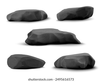 Podio de piedra rugosa 3D negro, soporte de granito para la exhibición y presentación del producto. Vector de pedestal de escaparate de mármol realista. Escena de plataforma de roca natural, empedrado de roca de superficie brillante