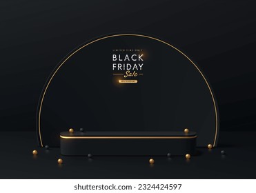 3D black round corner pedestal podium background with golden ring and semi circle wall scene. Vector abstract geometric platforms. Mockup products stage showcase, Black friday sales promotion display.