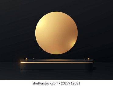 Fondo de podio peatonal de esquina redonda en 3D con brillante escena de pared de círculo dorado. Presentación mínima de producto de maquillaje, escaparate de escenario, promoción de banner venta de viernes negro. Resumen de las plataformas geométricas.