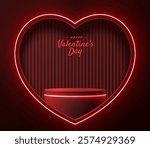 3D black round podium background in heart window with pink neon light, Valentine theme. Abstract composition minimalist design. Studio display showroom product pedestal, Stage showcase mockup scene.