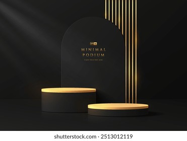 3D black round podium background with golden stripes and arch frame. Abstract geometric composition in minimalist design. Studio display showroom product pedestal, Fashion stage showcase mockup scene.