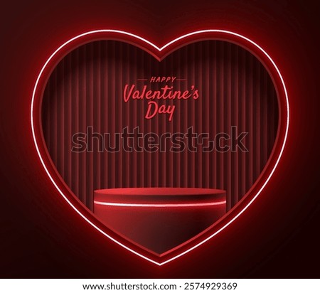 3D black round podium background in heart window with pink neon light, Valentine theme. Abstract composition minimalist design. Studio display showroom product pedestal, Stage showcase mockup scene.