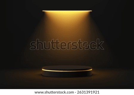 3D black round podium background with golden ceiling neon lighting. Abstract composition minimalist design. 3D Studio display showroom cosmetic product pedestal, Fashion stage showcase mockup scene.