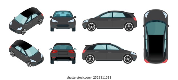 3D Black Sedan e Hatchback Car Mockup: Todas as vistas (superior, lado, frente, traseira, traseira). Modelo de veículo no fundo branco. Vetor.