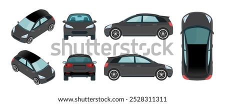 3D Black Sedan and Hatchback Car Mockup: All Views (Top, Side, Front, Rear, back). Vehicle Template on White Background. Vector.