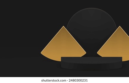 3d black semi circle podium with golden wall background realistic vector illustration. Luxury elegant dark pedestal premium metallic stage triangle geometric shapes expensive product show presentation