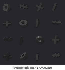 3D black shapes seamless pattern. Repetitive vector illustration cool memphis 3D shapes.