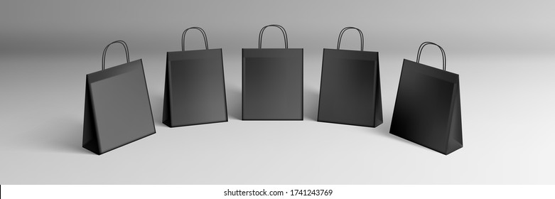 3D Black Shopping Paper Bags Set Isolated On White Background. EPS10 Vector