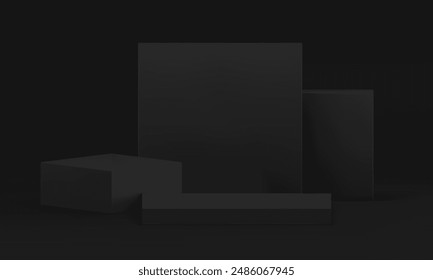 3D Schwarz Showroom Podium Sockel mit quadratischem Wandhintergrund Realistische Vektorillustration. Trendy minimalistische Werbevitrine geometrische Anzeige für Produktpräsentation