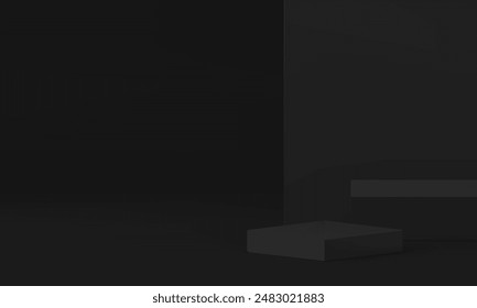 3d black showroom squared podium pedestal render mock up banner realistic vector illustration. Minimalist dark geometric showcase advertising space interior with cube platform wall background