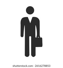 A 3d black silhouette icon of a businessman with a briefcase represents the concept of business people and office success