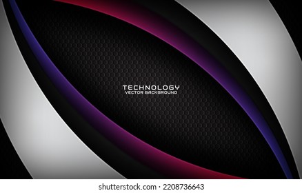 3D schwarz-silberner Techno abstrakter Hintergrund überlappen Schicht auf dunklem Raum mit blauen roten Wellen Effekt Dekoration. Zukunftsweisendes Konzept für Grafikdesign-Elemente für Banner, Flyer, Karten, Cover oder Broschüren