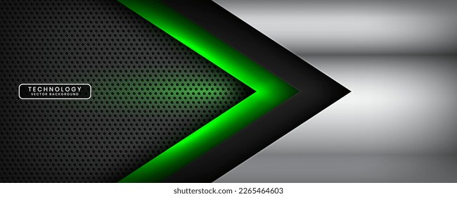 3D black silver techno abstract background overlap layer on dark space with green light effect decoration. Modern graphic design element arrow style concept for banner, flyer, card, or brochure cover