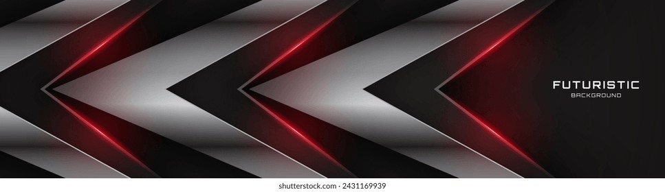 3D negro plata techno capa de superposición de fondo en el espacio oscuro con la decoración de flechas de luz roja. Concepto de estilo de recorte de elemento de diseño gráfico moderno para banner web, volante, tarjeta, cubierta o folleto