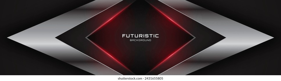 3D negro plata techno capa de superposición de fondo en el espacio oscuro con la decoración de flechas de luz roja. Concepto de estilo de recorte de elemento de diseño gráfico moderno para banner web, volante, tarjeta, cubierta o folleto