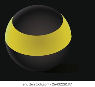A 3D black sphere with a bright yellow horizontal band, creating a dynamic, modern abstract design.