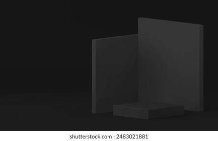 3d black squared showcase podium mock up for fashion promo realistic vector illustration. Minimalist trendy dark pedestal with angular wall background rendering banner for product presentation show