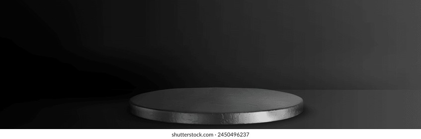 3d black studio luxury podium and product stand. Abstract dark mockup with stage on floor and minimal space for presentation. Premium silver or steel trendy realistic pedestal design to show cosmetic.