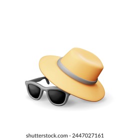 3d Gafas de sol negras y sombrero de paja icono aislado en blanco. Representar gafas de sol y símbolo de tapa. Concepto de vacaciones de verano o Festiva, Tiempo de viajar. Playa Relajación. Ilustración vectorial realista