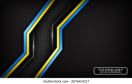 3D black techno abstract background, overlap layers on dark space with blue yellow stripes effect decoration. Modern template element future style for flyer, card, cover, brochure, or landing page